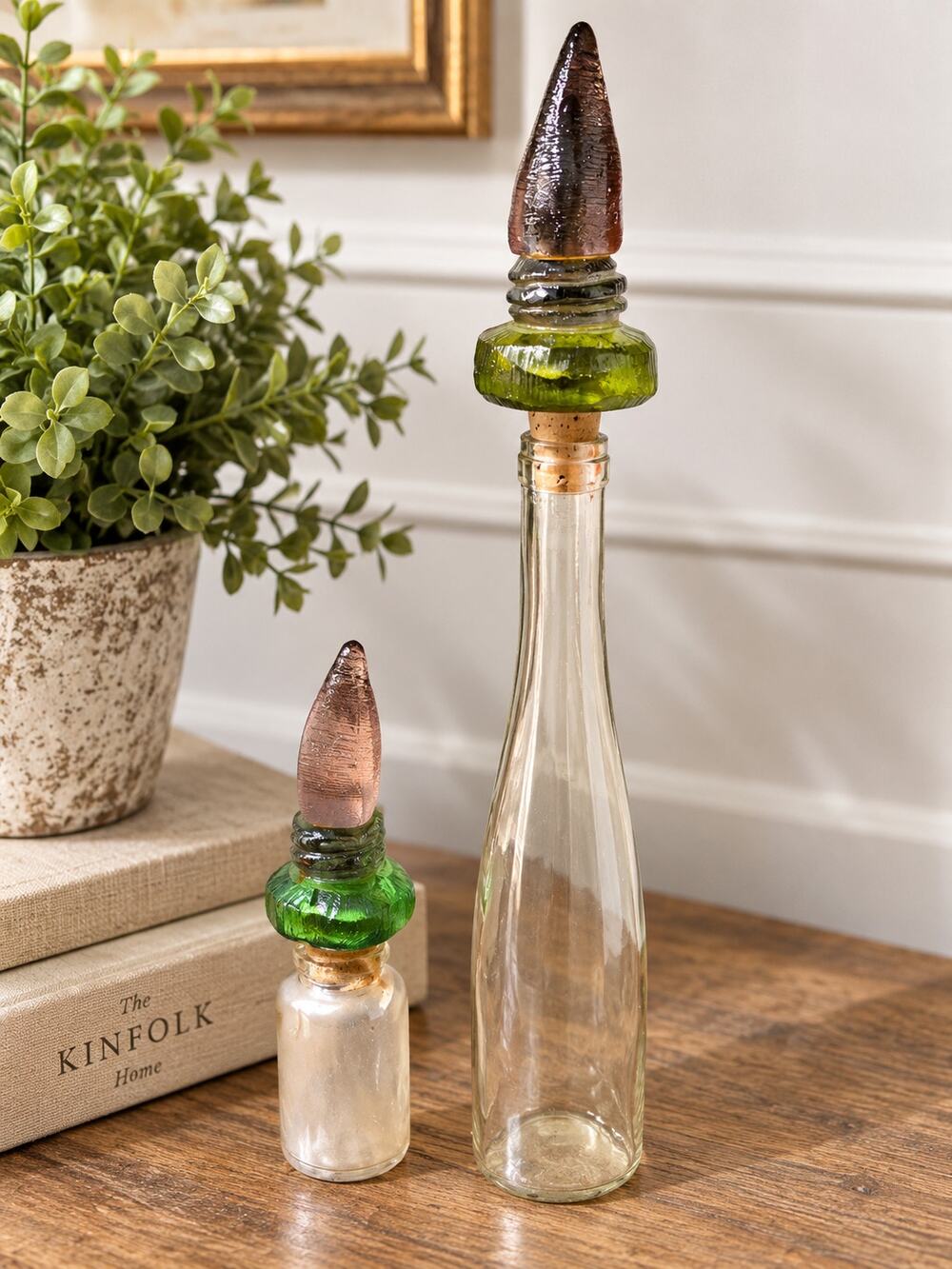 Set of bottles 16 in tall 8 in tall with glass Corks green purple crystal look